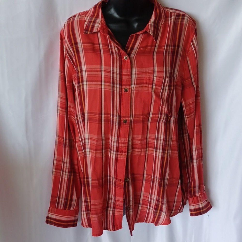 NWT SO Button-Down Red & Cream Plaid Cotton blend